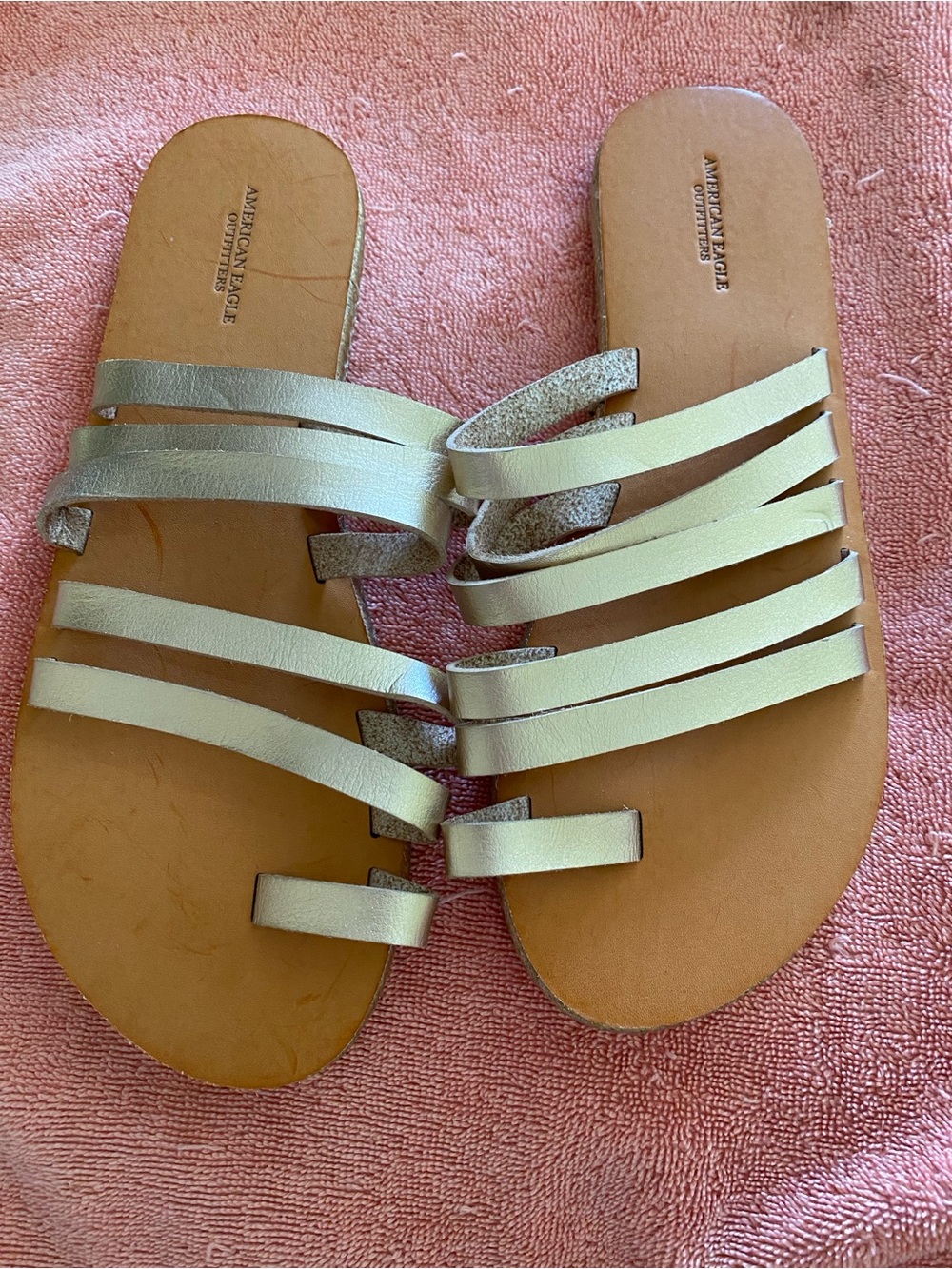 1-American Eagle Metallic Gold Strappy Slide Sandals